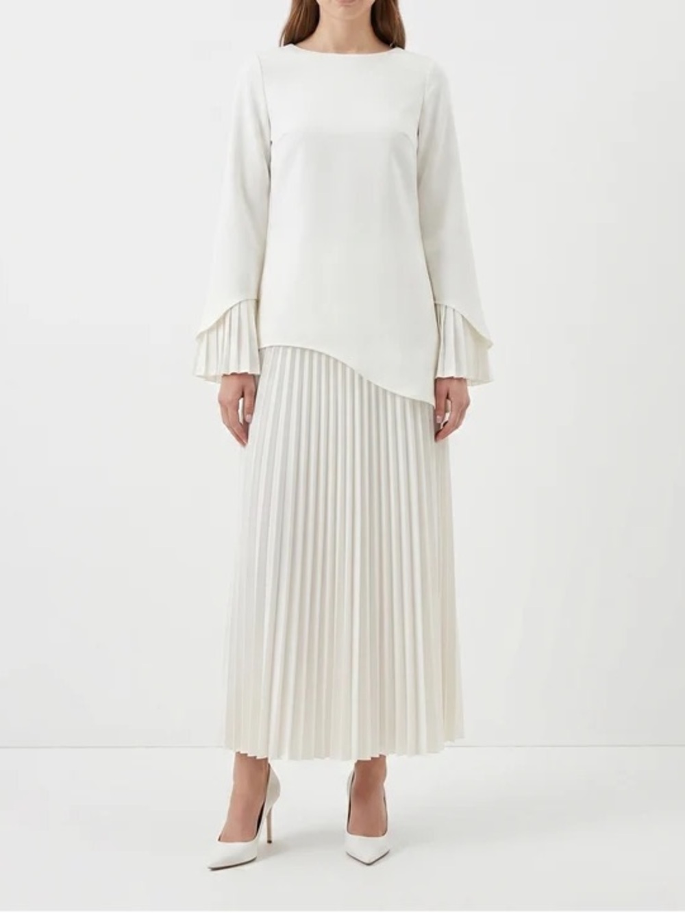 Elegant White Pleated Maxi Dress- Lichi